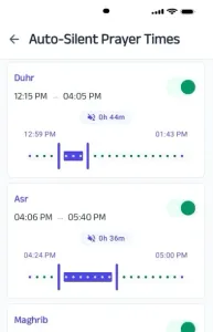 Auto-silent during Salah app screen showing prayer time settings